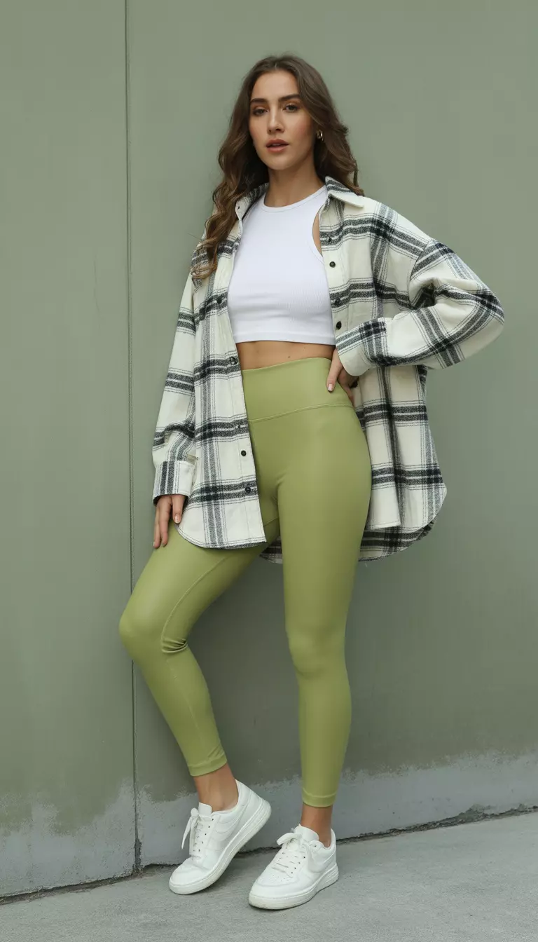 A beautiful woman in olive green high-waisted leggings, a white crop top, a white and gray plaid oversized shirt jacket, and white sneakers.