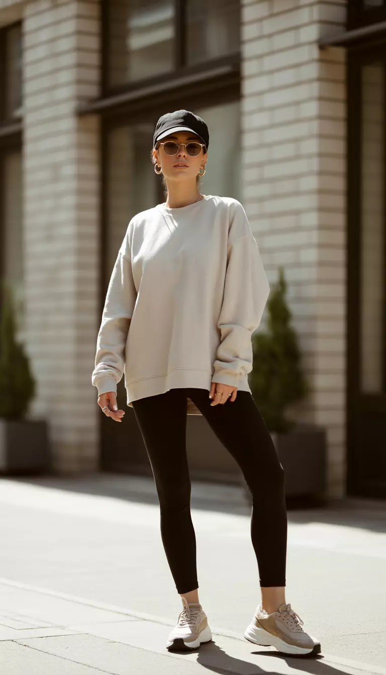A beautiful woman in a cream oversized sweatshirt, black leggings, a black cap, sunglasses, and chunky neutral-toned sneakers.