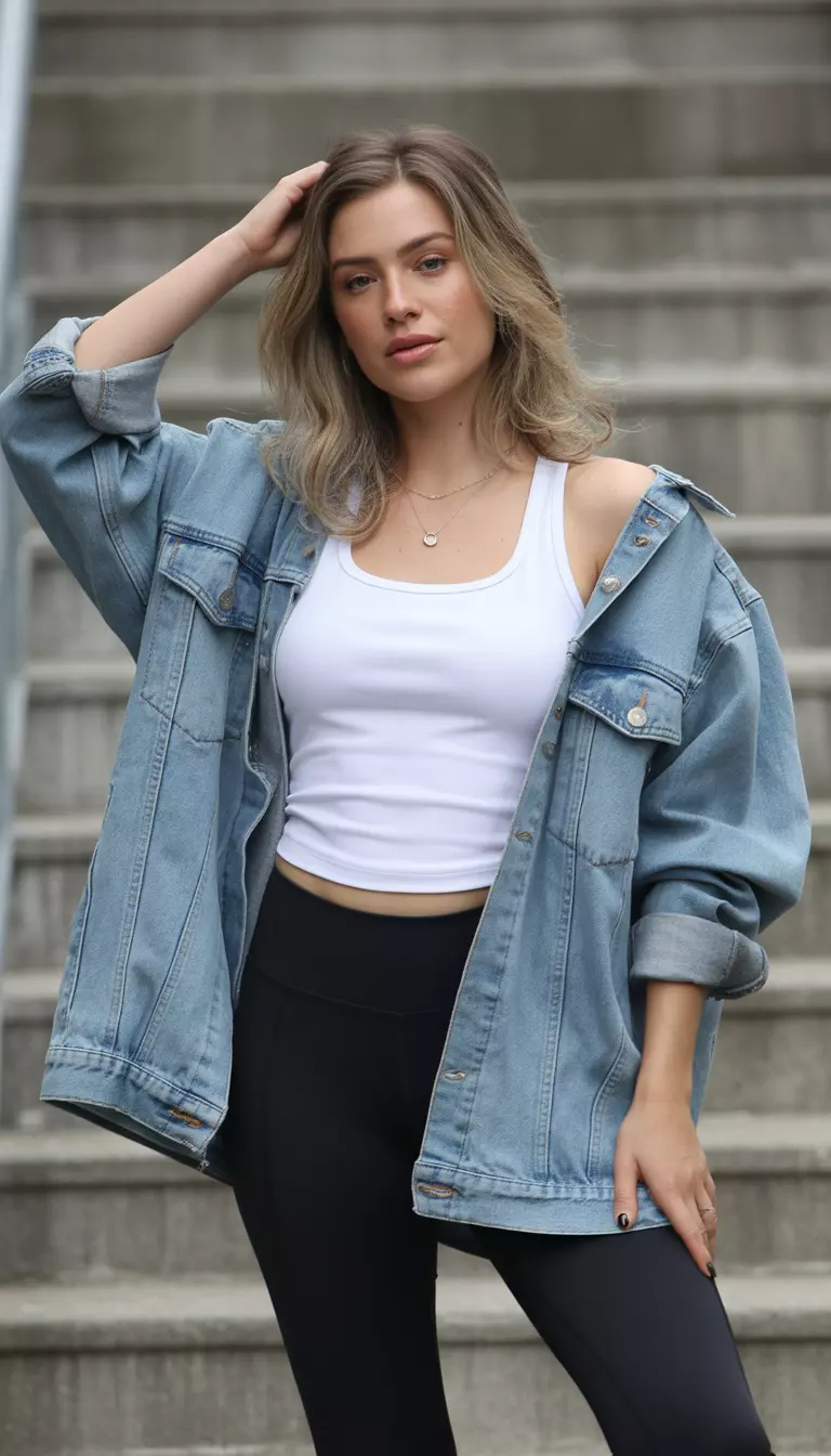A beautiful woman in black leggings, a white tank top, and a distressed light blue denim jacket with rolled sleeves.