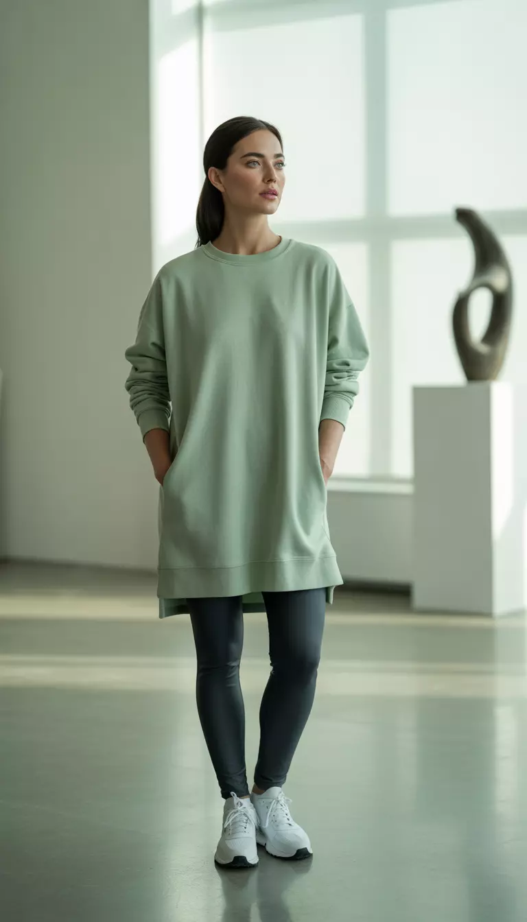 A beautiful woman in a long oversized mint green sweatshirt, dark leggings, and white athletic shoes.