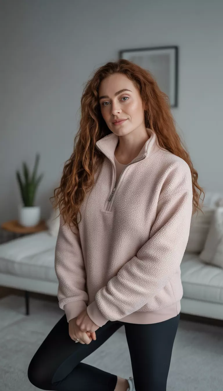 A beautiful woman in a blush pink teddy-style quarter-zip pullover, black leggings, and white sneakers.