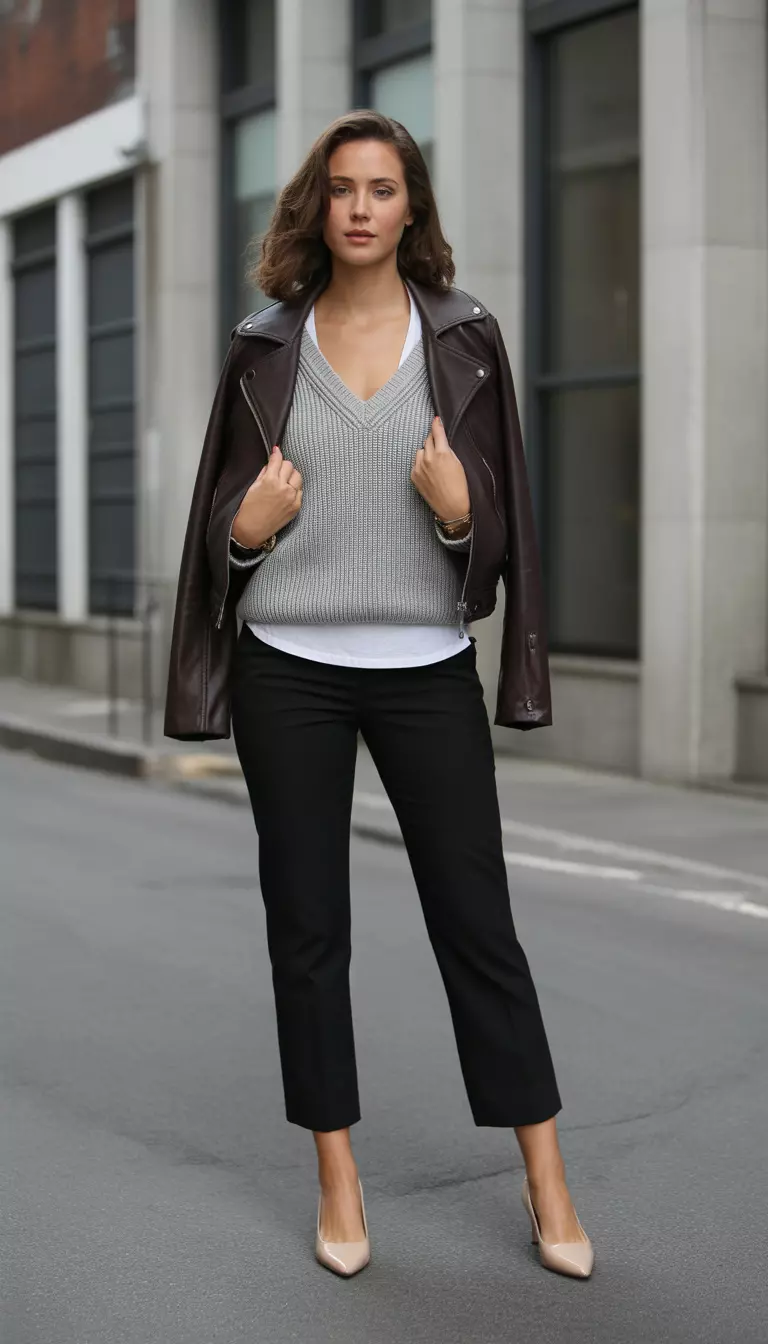 A beautiful woman in cropped black pants, a gray V-neck sweater, a white undershirt, a dark brown leather jacket, and light-colored low heels.