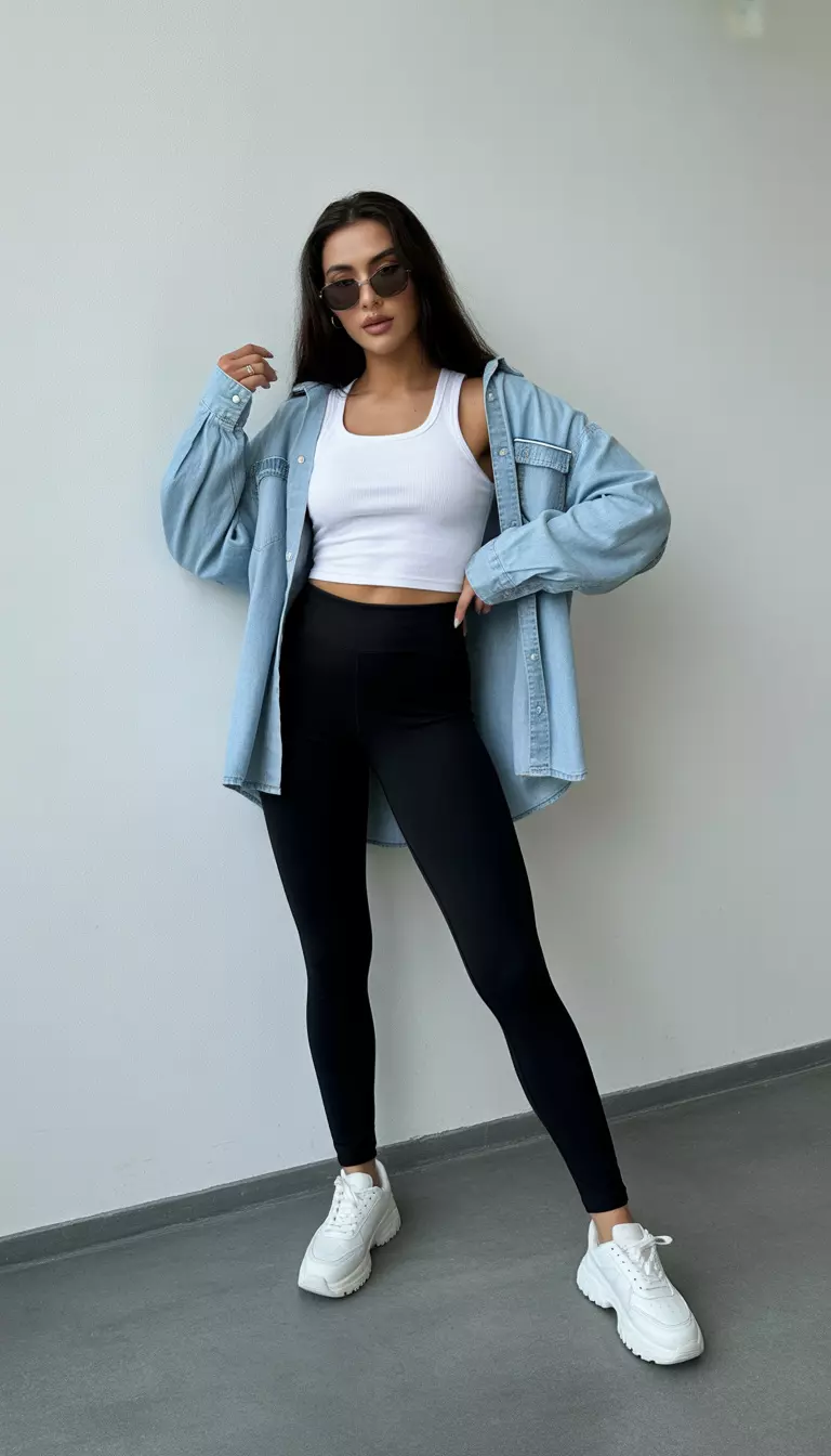 A beautiful woman in black leggings, white chunky sneakers, a white tank top, and an unbuttoned light blue denim shirt.