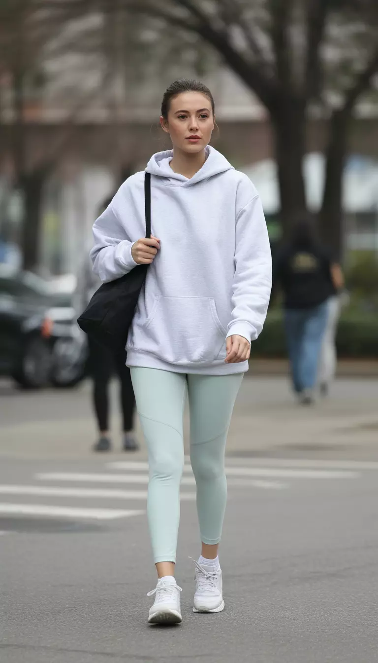 A beautiful woman in person walks away wearing a light gray hooded sweatshirt, light mint green leggings, white sneakers, and carrying a black shoulder bag.