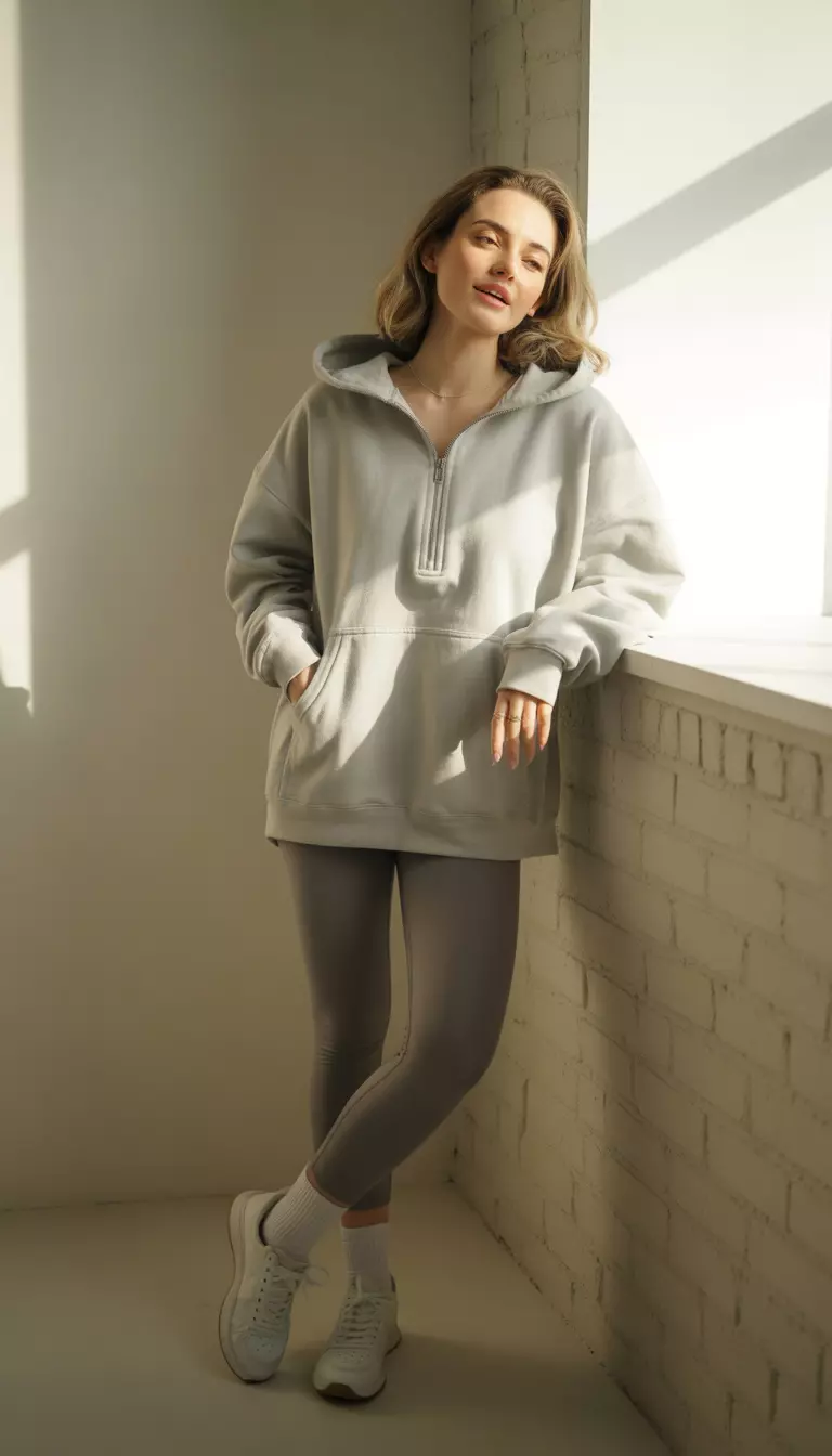 A beautiful woman in a light gray quarter-zip oversized hoodie, dark gray leggings, white socks, and white sneakers.