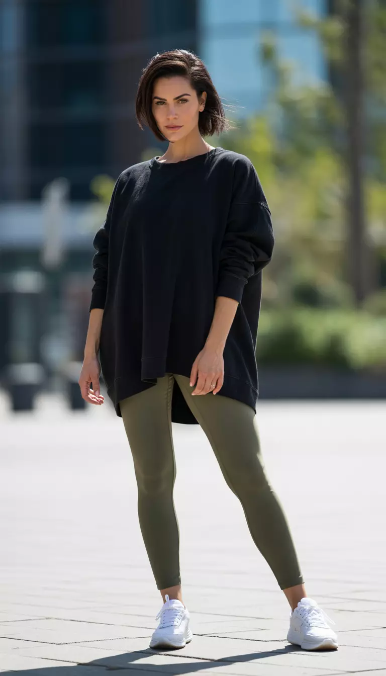 A beautiful woman in a black oversized tunic-style sweatshirt, olive green leggings, and white sneakers.