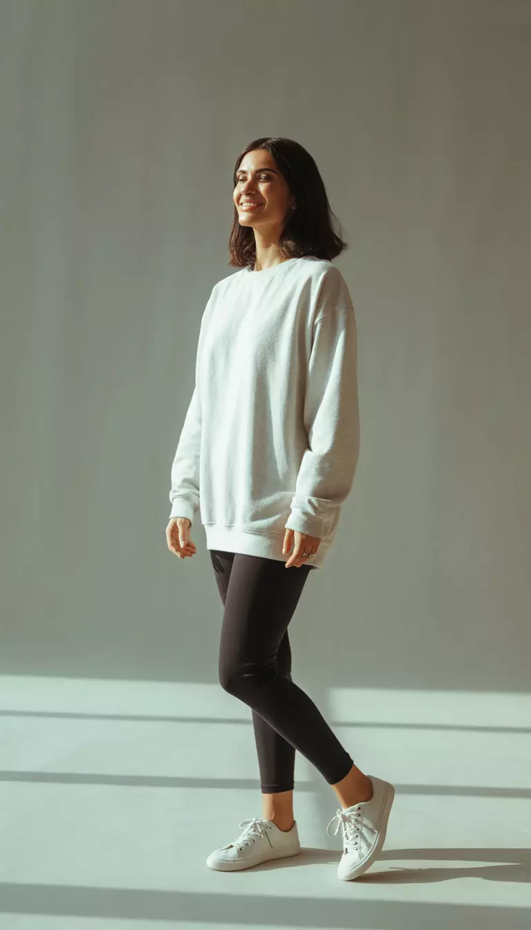 A beautiful woman in oversized black leggings, a long white crewneck sweatshirt, and simple white lace-up sneakers.