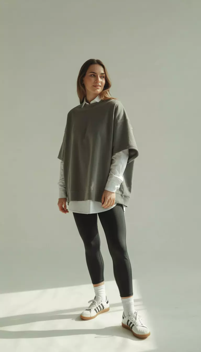 A beautiful woman in an oversized gray sweatshirt, white long-sleeve shirt, black leggings, white socks, and white Adidas sneakers.