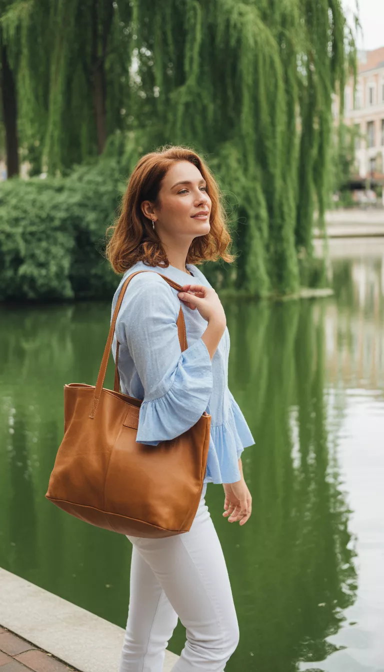 A beautiful woman in a light blue ruffled bell-sleeve top and white skinny jeans, she carries a brown leather tote bag while standing by a city pond.
