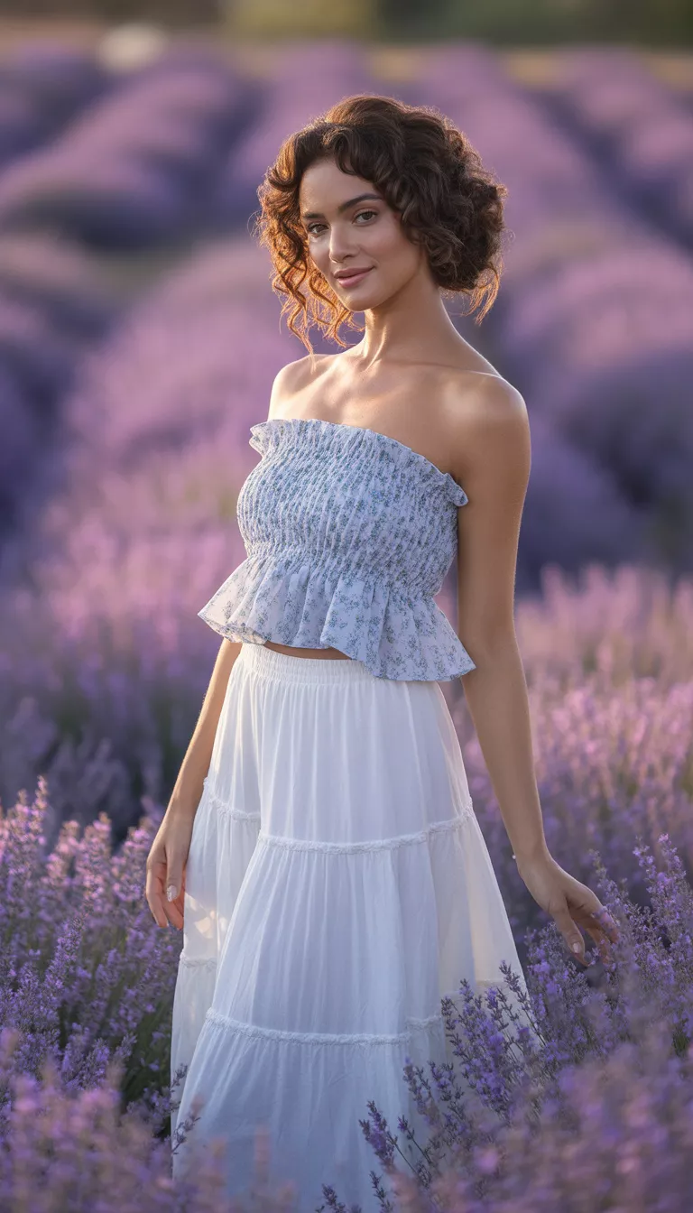 A beautiful woman in a blue floral ruffled tube top and a wide white tiered skirt, she stands among lavender plants with her hair in a curly updo.