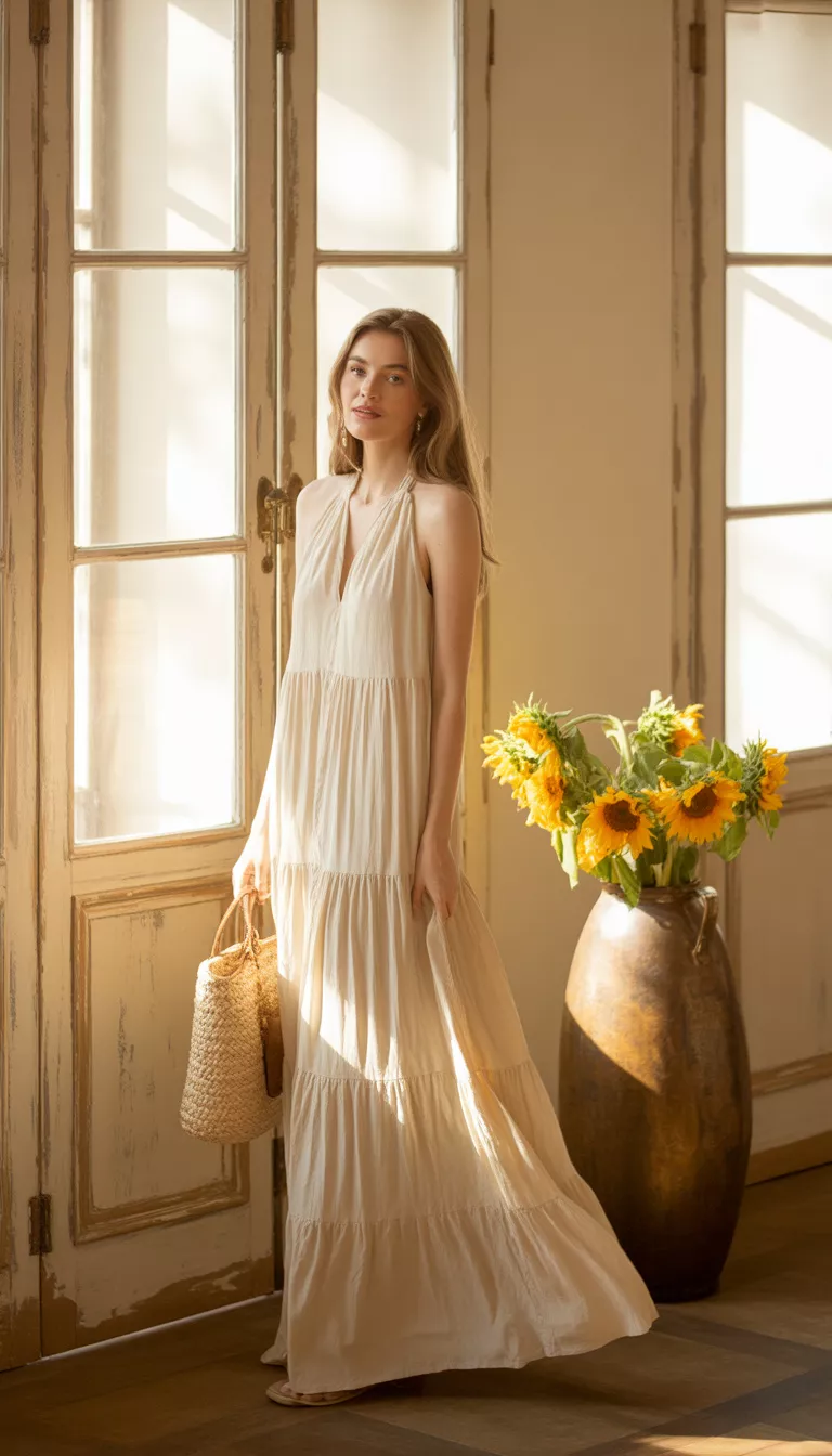 A beautiful woman in a long, tiered white halter-neck dress, she carries a straw bag while standing in a bright room with distressed wooden doors.