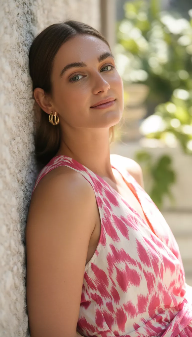 A beautiful woman in a sleeveless dress featuring a pink and white abstract ikat print, she wears small earrings and leans against a light-colored wall.