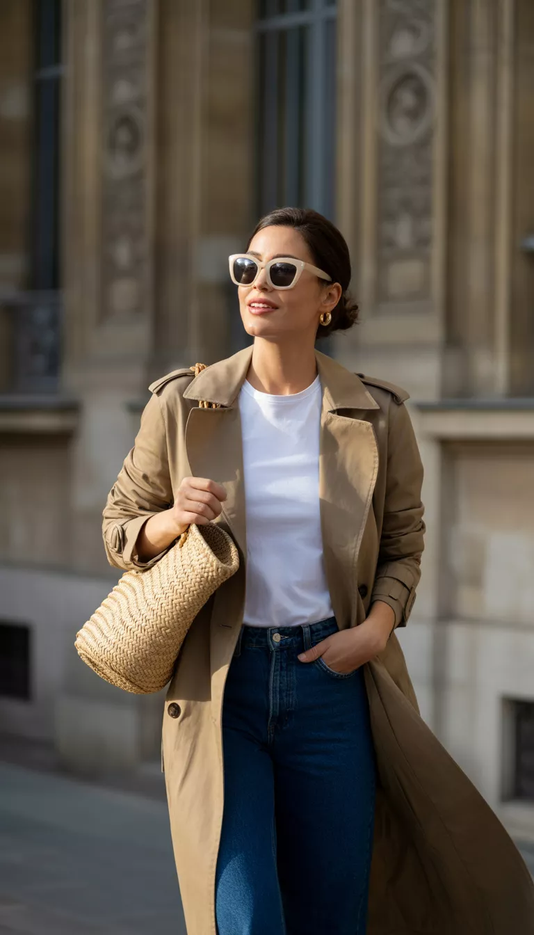 A beautiful woman in a tan trench coat, a white tee, and blue jeans, she wears white sunglasses and carries a straw tote past a classic building facade.