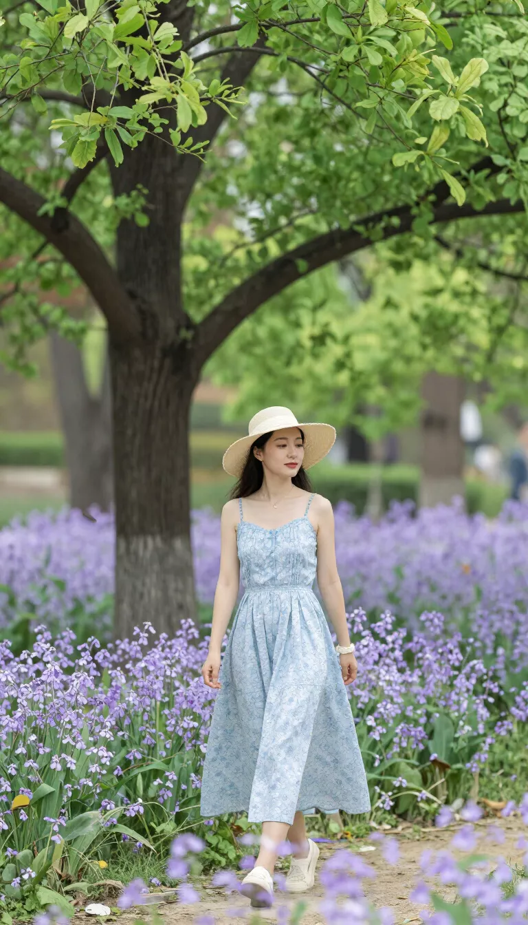 A beautiful woman in a light blue floral sundress and a wide-brim straw hat, she walks past purple flowers and a large tree in a beautiful park.