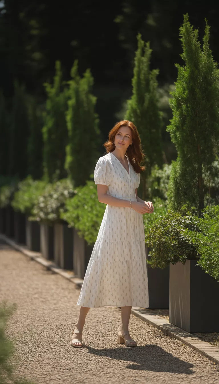 A beautiful woman in a white, short-sleeved, floral print midi dress, she stands on a gravel path amongst potted trees and greenery.