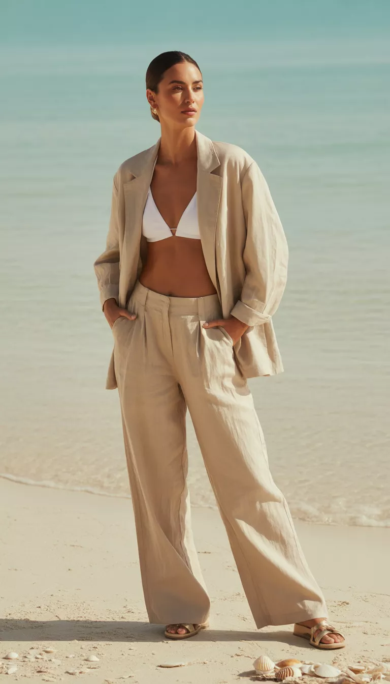 A beautiful woman in a relaxed beige linen suit with wide-leg pants and an oversized blazer worn over a white bikini top, she wears flat sandals.