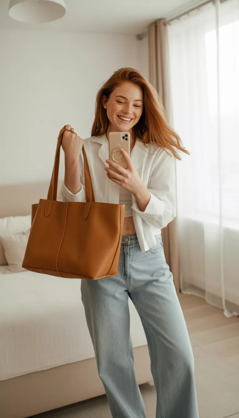 A beautiful woman in a white cropped cardigan and light-wash wide-leg jeans, she holds a tan tote bag while taking a mirror selfie indoors.