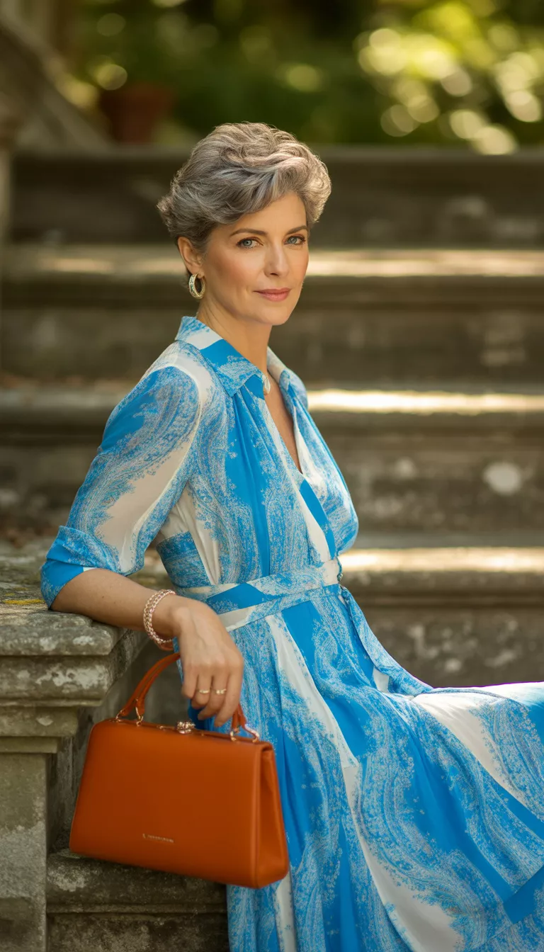 A stylish woman with short gray hair in a bright blue and white paisley print dress, she holds an orange handbag while posing on stone steps.