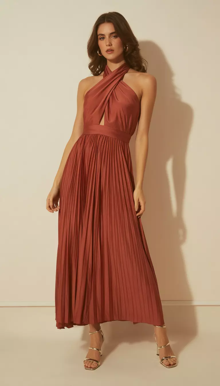 A beautiful woman in an elegant, flowy burnt orange maxi dress with a pleated skirt and a draped halter neckline, she wears gold strappy heels.