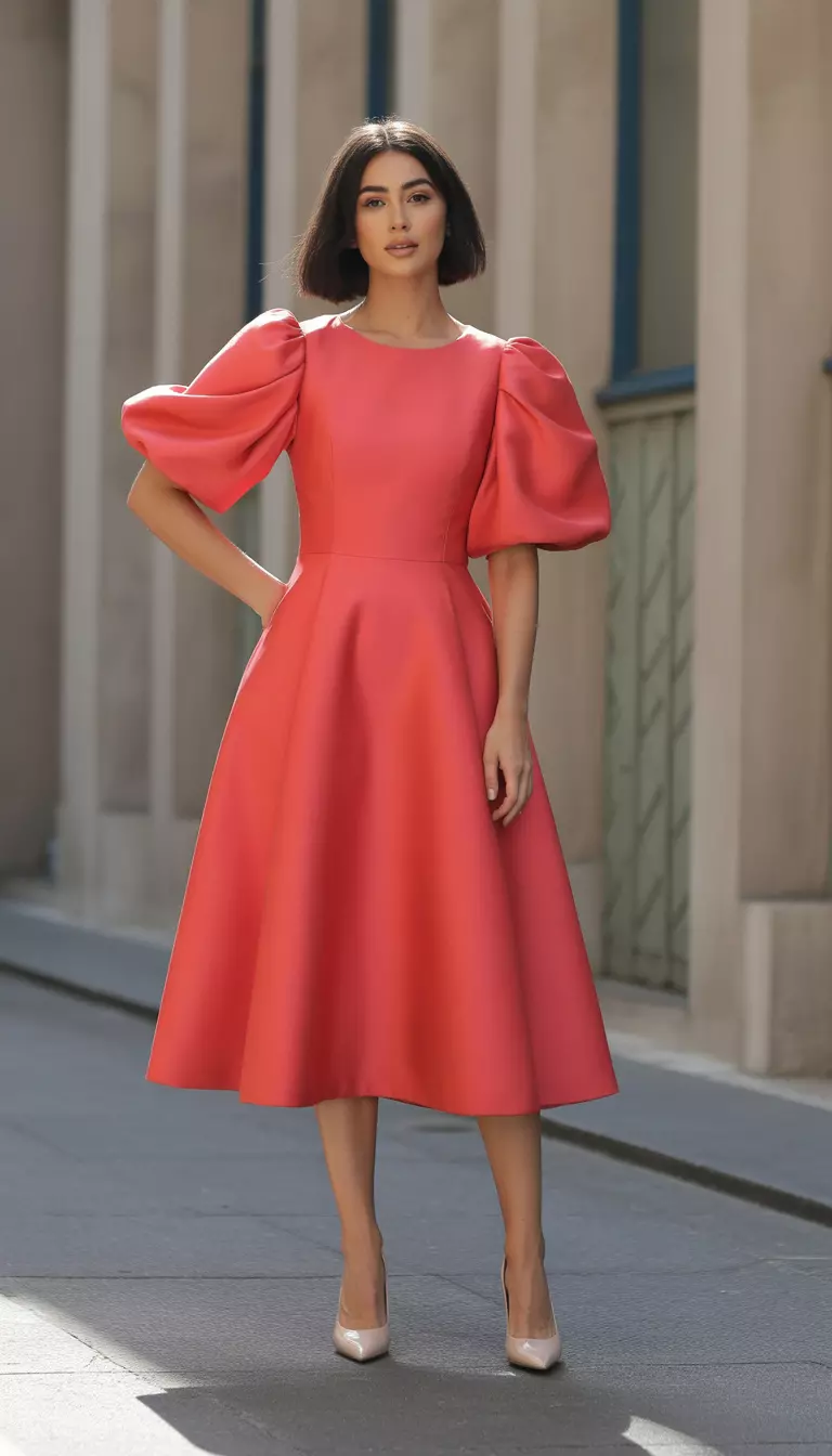 A beautiful woman in a vibrant coral red midi dress with voluminous puff sleeves and a modest bateau neckline, she wears nude heels.