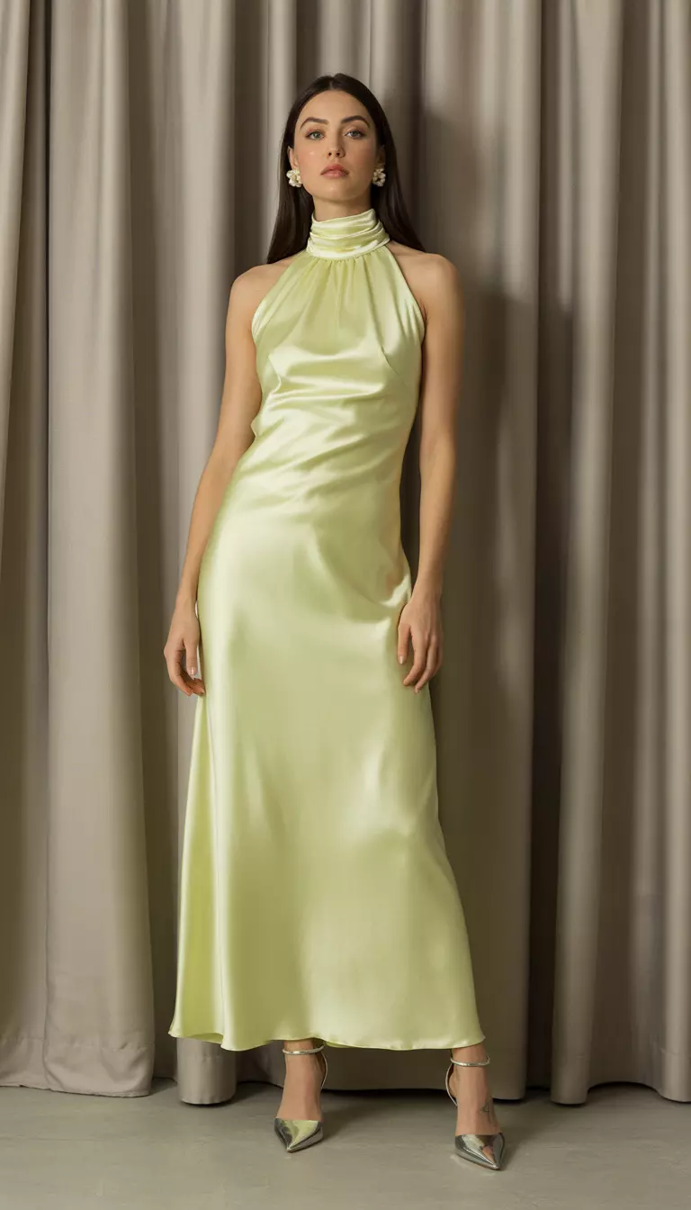 A beautiful woman in a pale yellow, high neck, satin maxi dress, she wears pearl earrings and metallic silver heels.