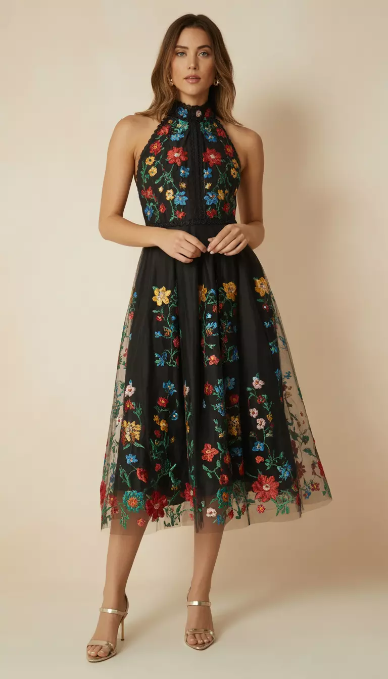 A beautiful woman in a black midi dress featuring a high halter neck covered in vibrant, colorful floral embroidery, she wears nude heels.