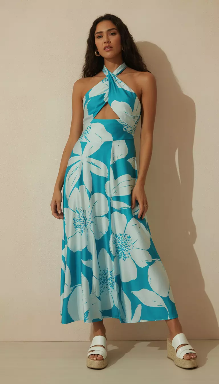 A beautiful woman in a vibrant teal maxi dress with large white floral prints, a halter neck with a cutout detail, and white platform sandals.