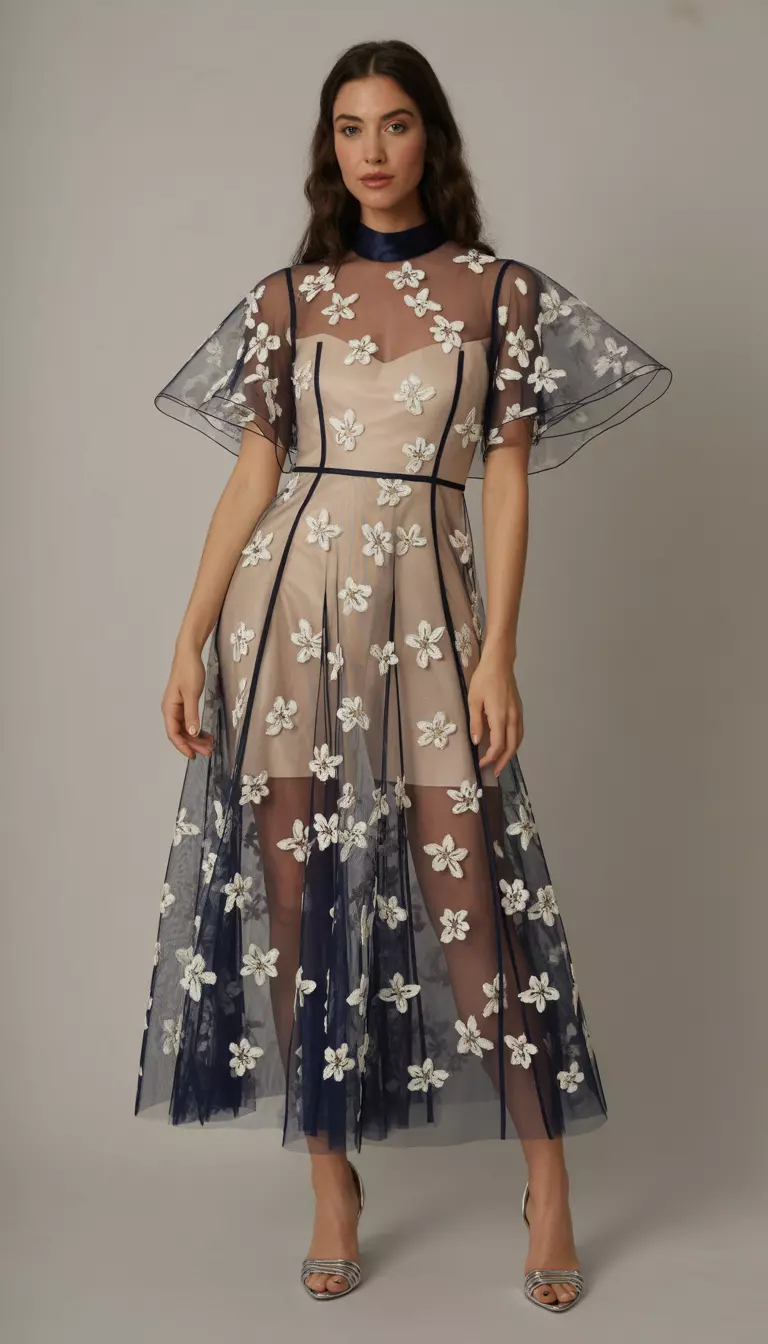A beautiful woman in a sheer navy overlay dress with white floral appliqués over a nude lining, with high neck and butterfly sleeves, she wears silver heels.