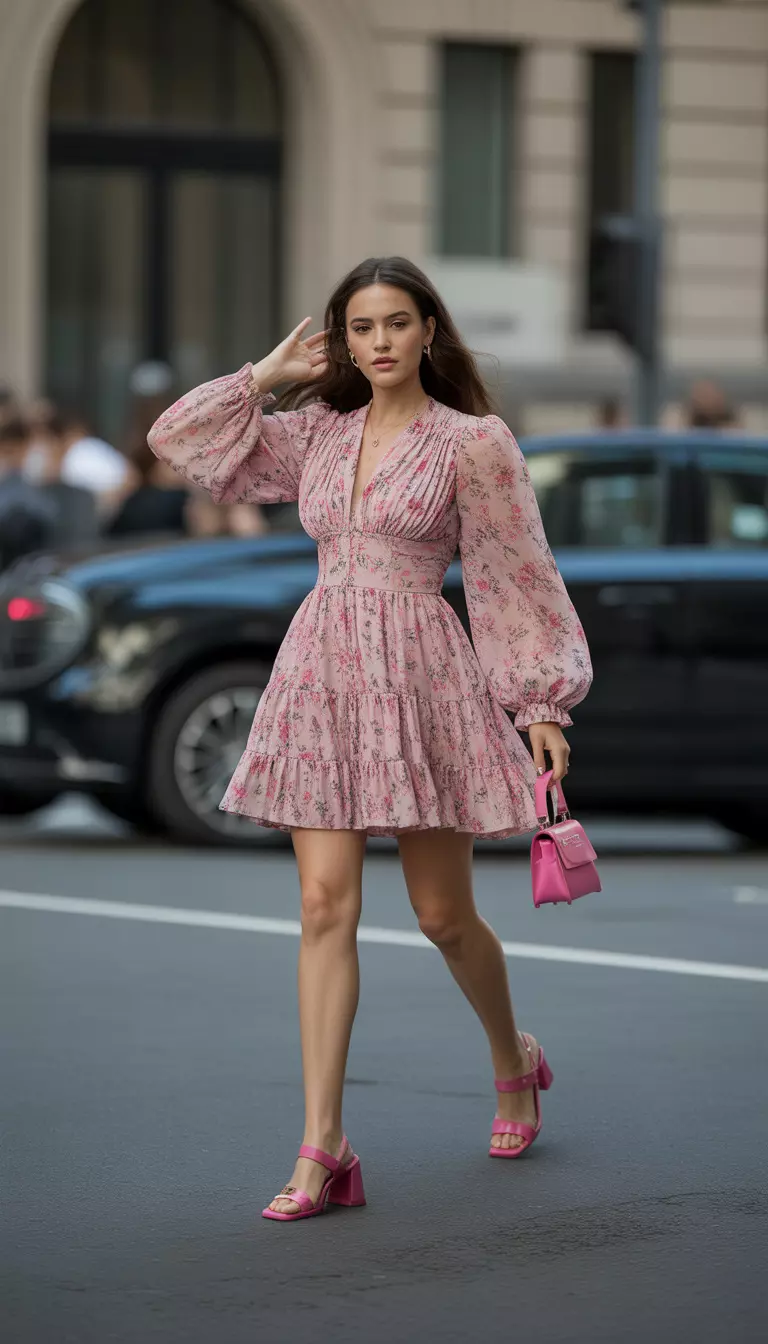 A beautiful woman in a short, frilly floral dress with long, voluminous sleeves and pink block heels, she carries a small pink bag.
