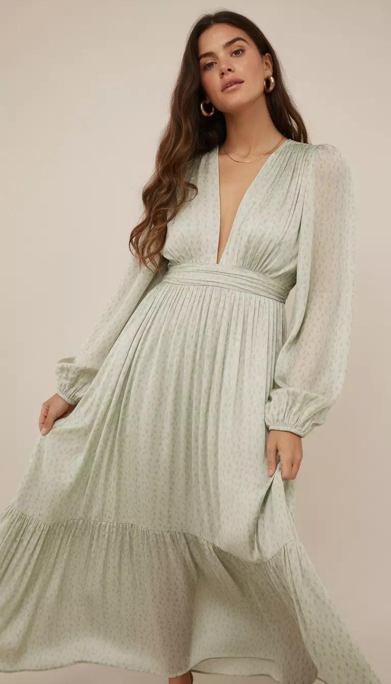 A beautiful woman in a flowing, light green maxi dress with a subtle floral pattern, long blouson sleeves, and a plunging neckline, she wears gold hoop earrings.