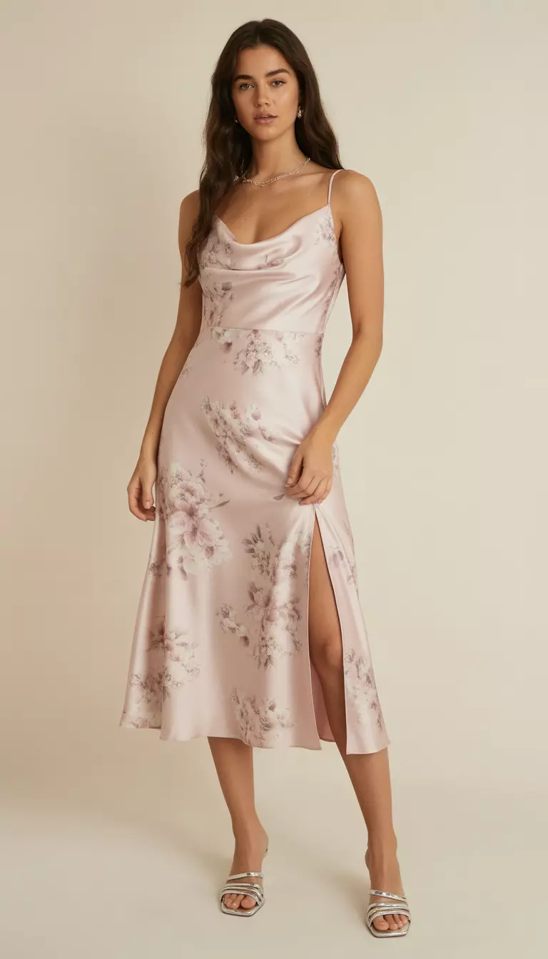A beautiful woman in a light pink satin midi dress featuring a soft floral print, spaghetti straps, a draped bodice, and a high side slit, she wears silver sandals.