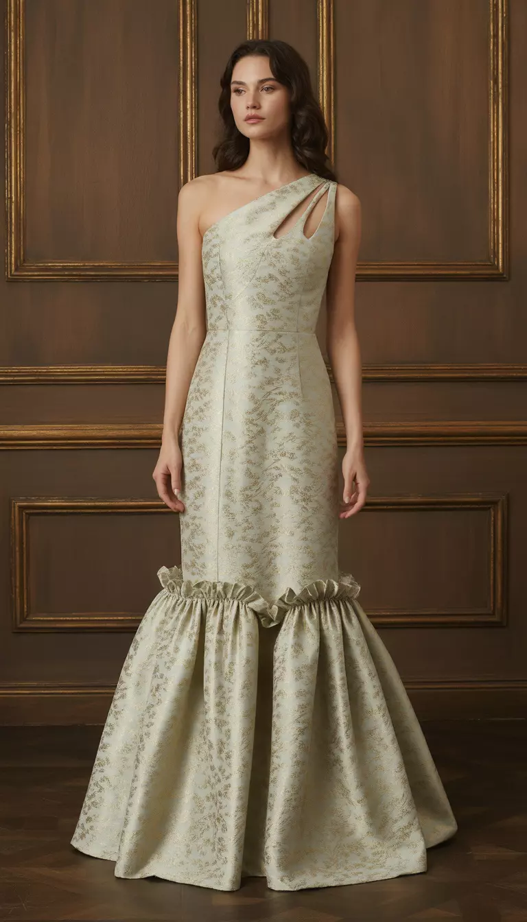 A beautiful woman in a floor length gown in a pale sage green and gold brocade fabric, featuring a one shoulder design and ruffled mermaid skirt.
