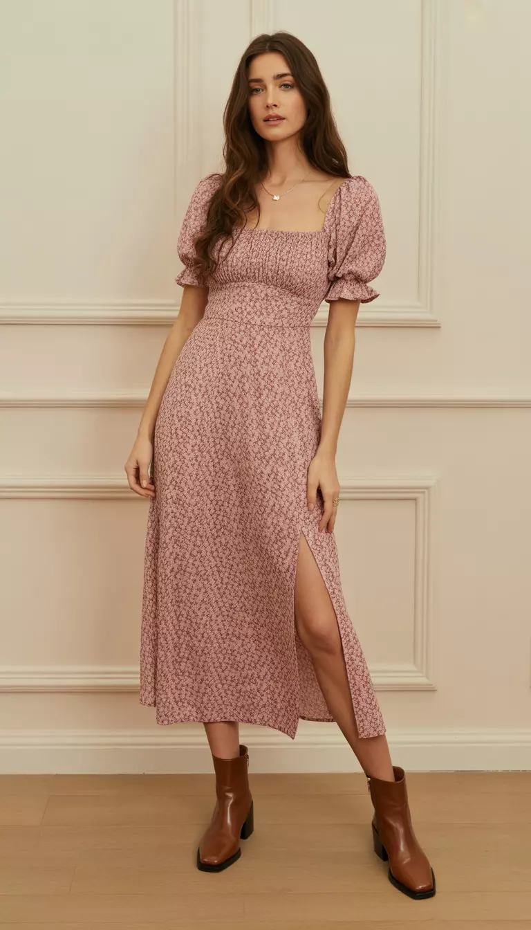 A beautiful woman in a pink floral print midi dress with a square neckline, puffed sleeves, and a side slit, she wears brown ankle boots.