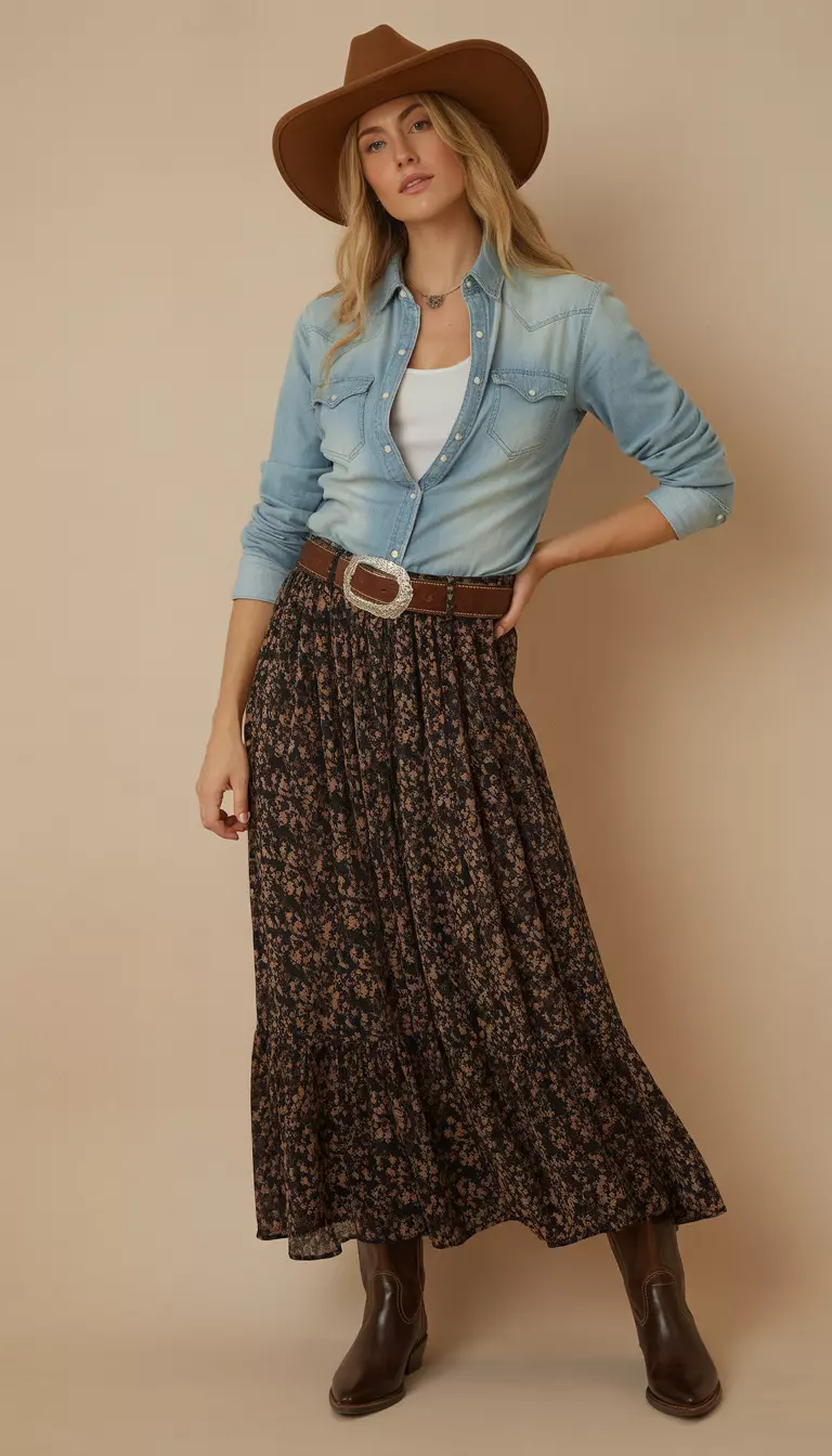 A beautiful woman in a light denim button-up shirt over a white undershirt, a dark brown floral maxi skirt, a wide brown western belt with a large buckle, and brown boots.