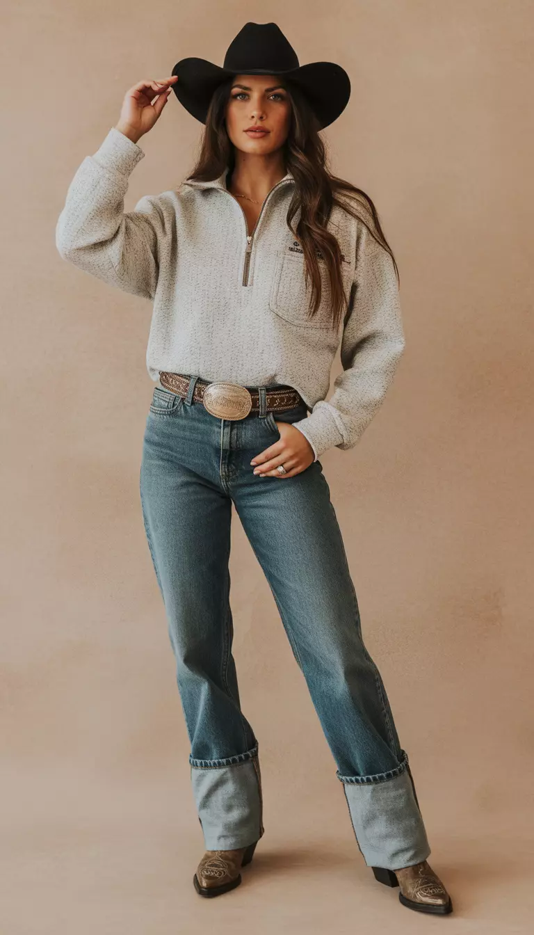 A beautiful woman in a black cowboy hat, a light gray textured quarter-zip pullover, medium wash cuffed jeans, a wide brown belt with a large buckle, and small brown boots.