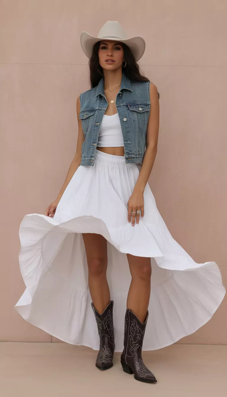 A beautiful woman in a denim vest over a white top, a flowing white high-low tiered ruffle skirt, and dark embroidered cowboy boots.