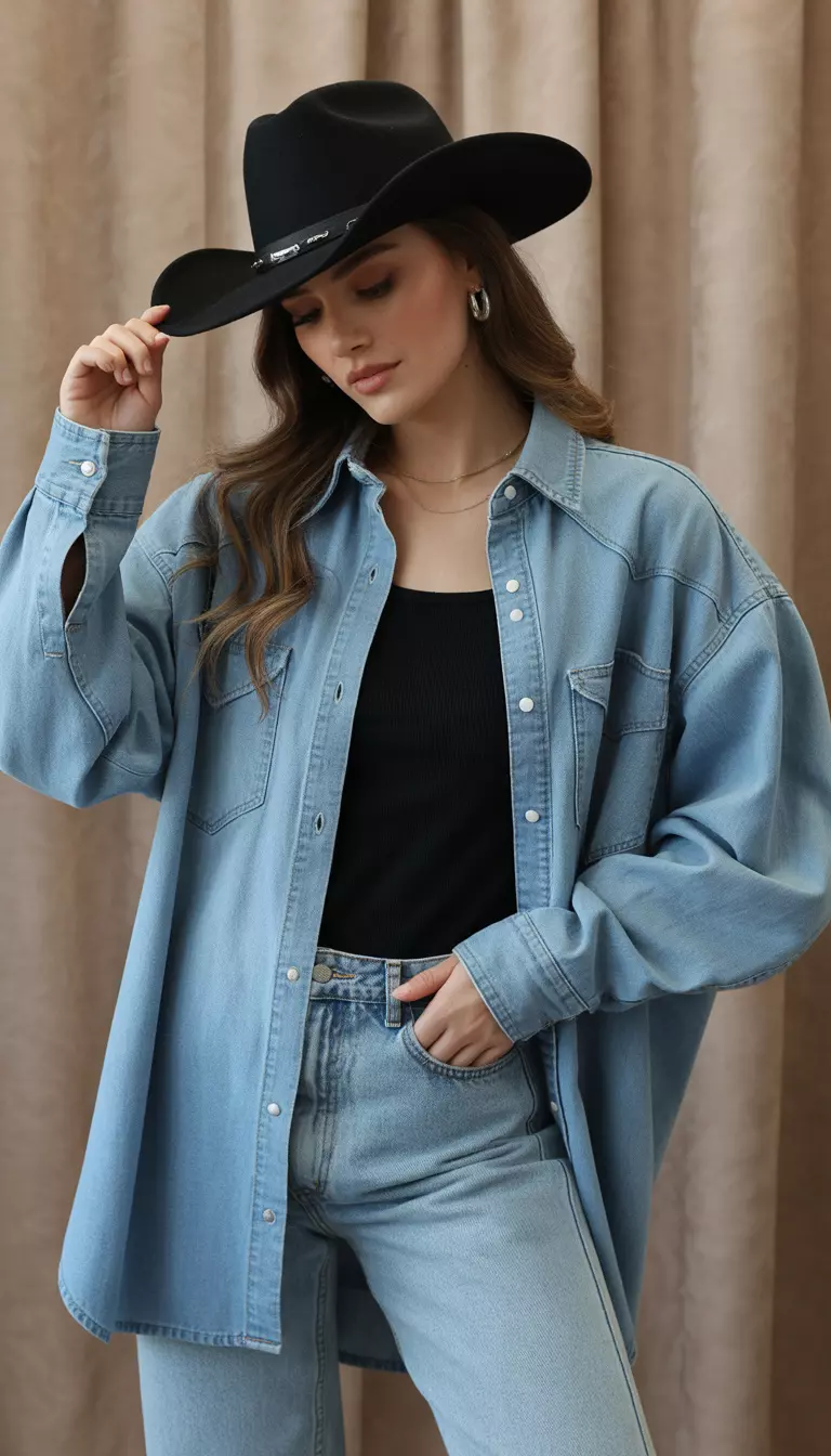 A beautiful woman in a black cowboy hat, an oversized light blue denim button-down shirt, and matching light wash denim straight-leg pants.