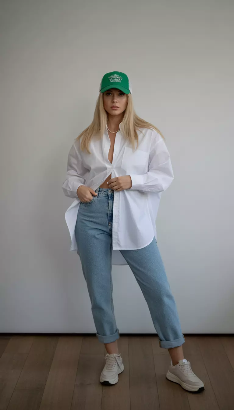 A beautiful woman in a white slightly oversized button-down shirt, medium wash cuffed jeans, a green logo trucker hat, and light-colored sneakers.