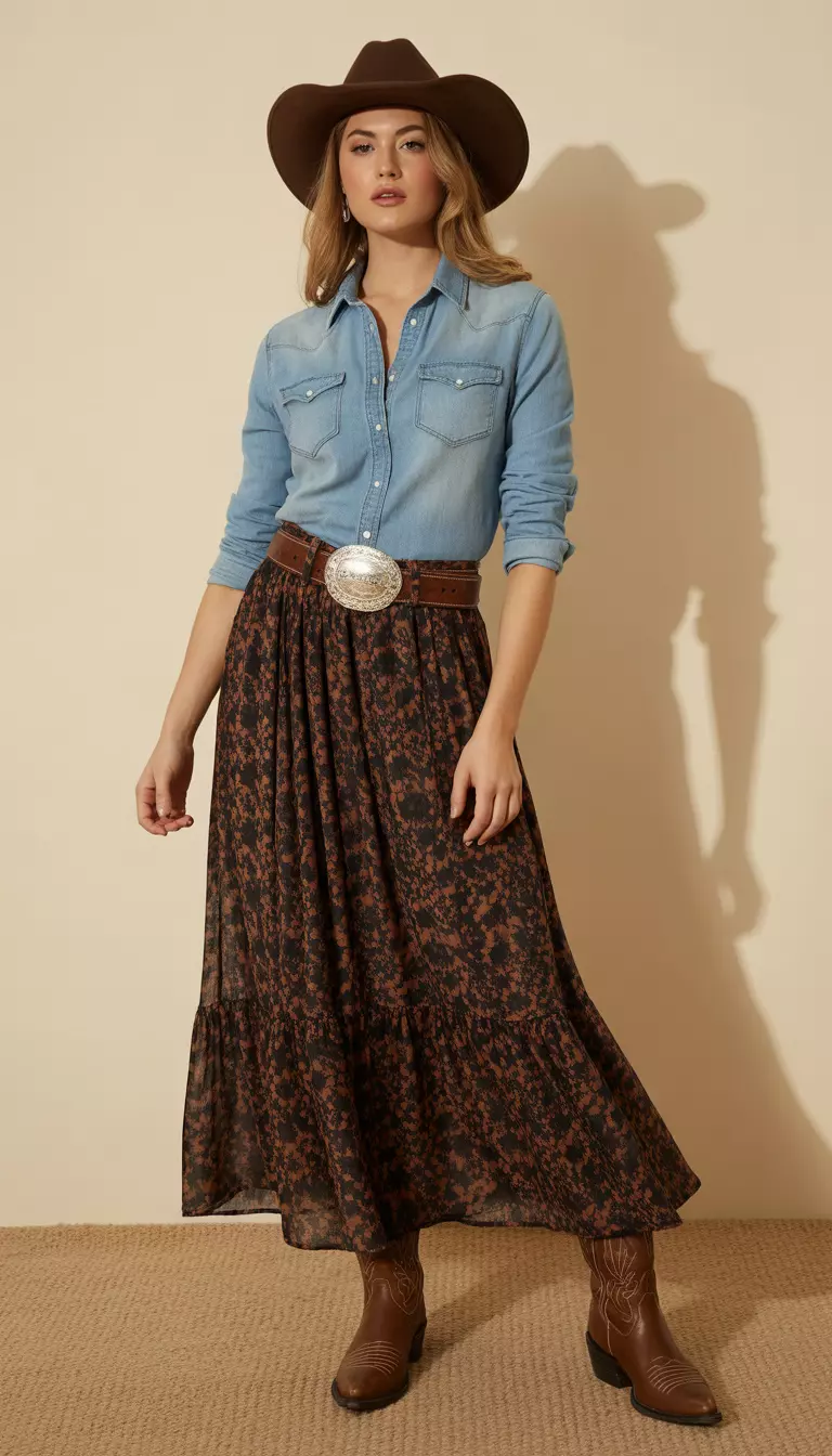 A beautiful woman in a light blue denim button-down shirt, a dark brown floral print maxi skirt, a wide brown western belt, and brown cowboy boots.