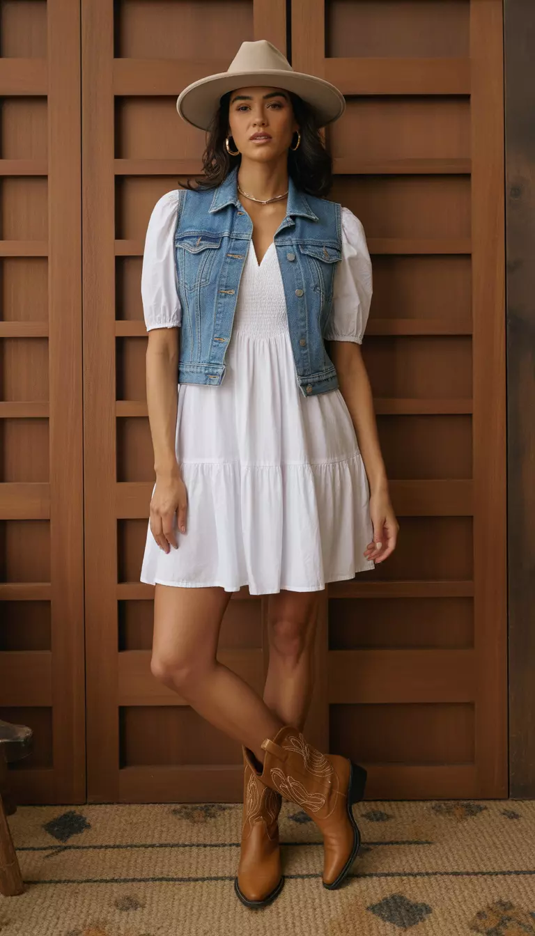 A beautiful woman in a white smock-style short dress with gathered tiers, a fitted denim vest over it, and medium-brown western-style boots.