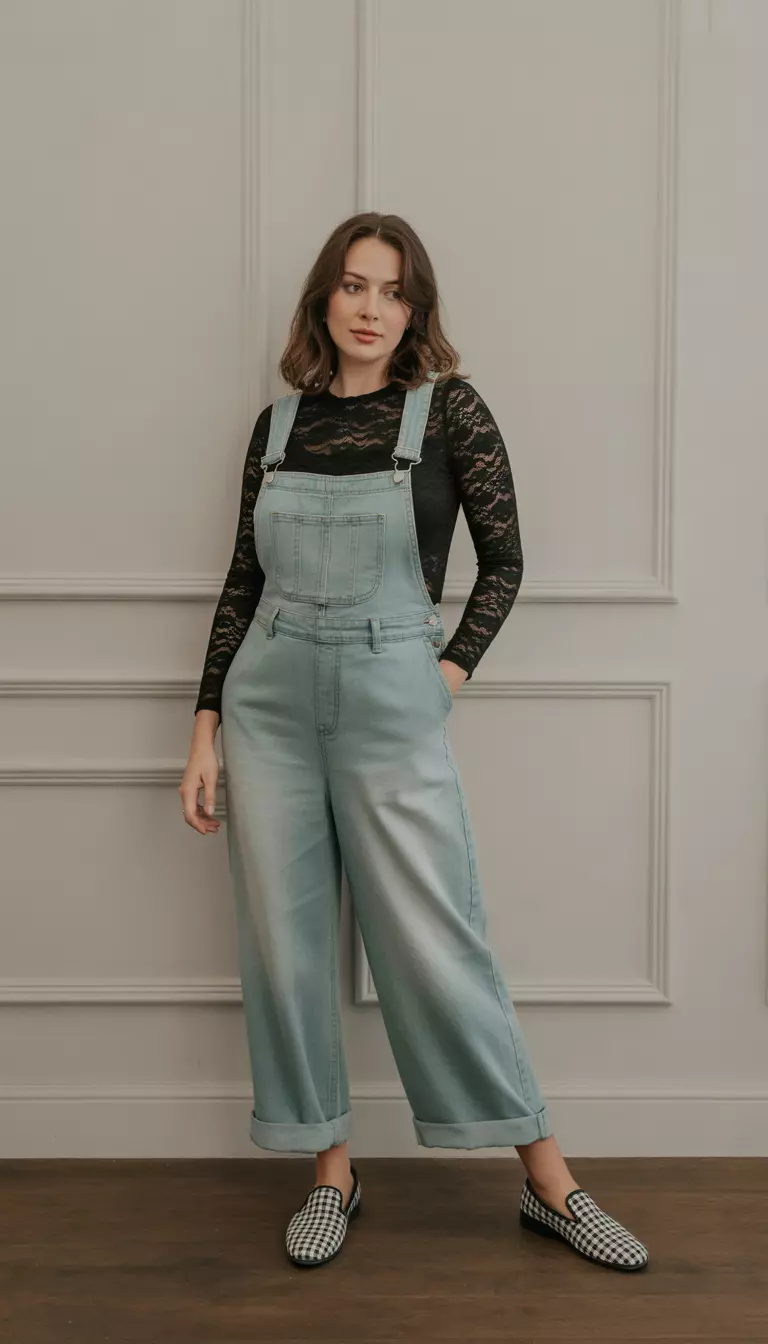A beautiful woman in a black lace long-sleeved top under wide-leg light teal denim overalls with rolled cuffs, paired with checkered slip-on shoes.