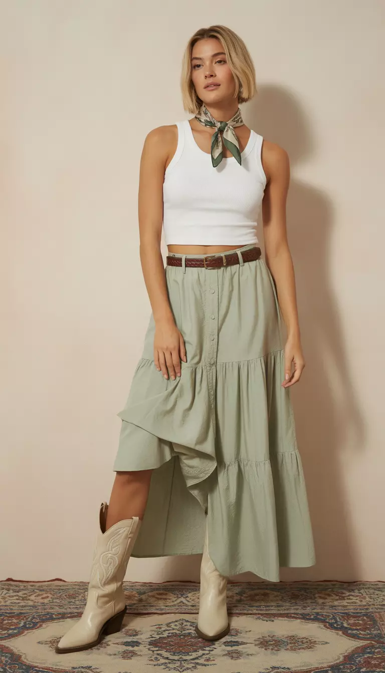 A beautiful woman in a white tank top tucked into a sage green tiered maxi skirt, paired with tall light-colored western boots, and a patterned neck scarf.