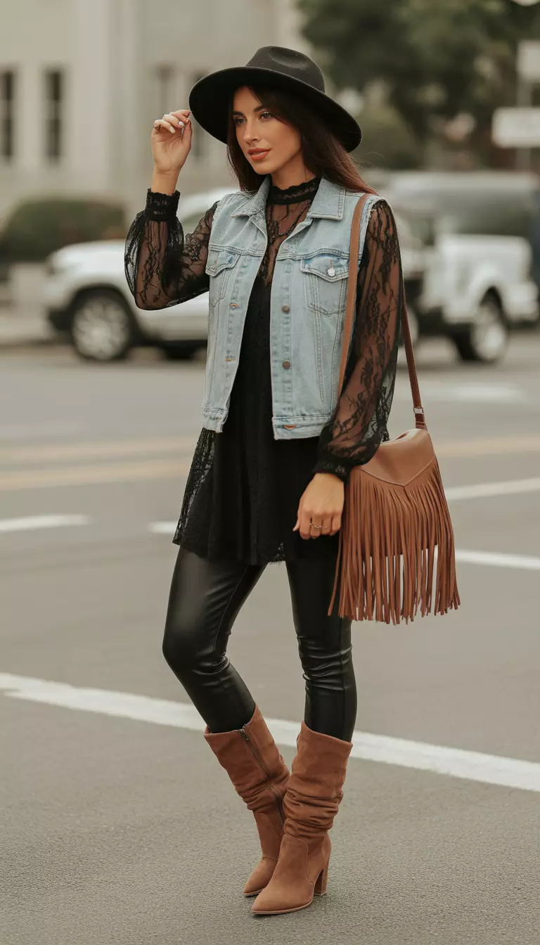 A beautiful woman in a black wide-brim hat, a black sheer lace long-sleeve top under a light denim vest, black leggings, brown suede heeled slouchy boots, and a fringed shoulder bag.