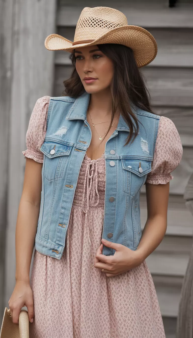 A beautiful woman in a light wash denim vest over a light pink floral maxi dress, and a straw cowboy hat.