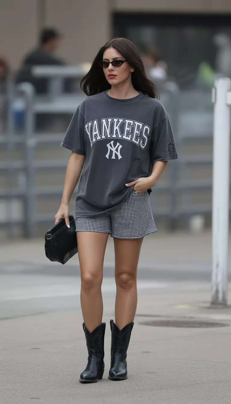 A beautiful woman in a distressed gray Yankees Baseball t-shirt, small black and white gingham shorts, and black cowboy boots, accessorized with sunglasses and a black bag.