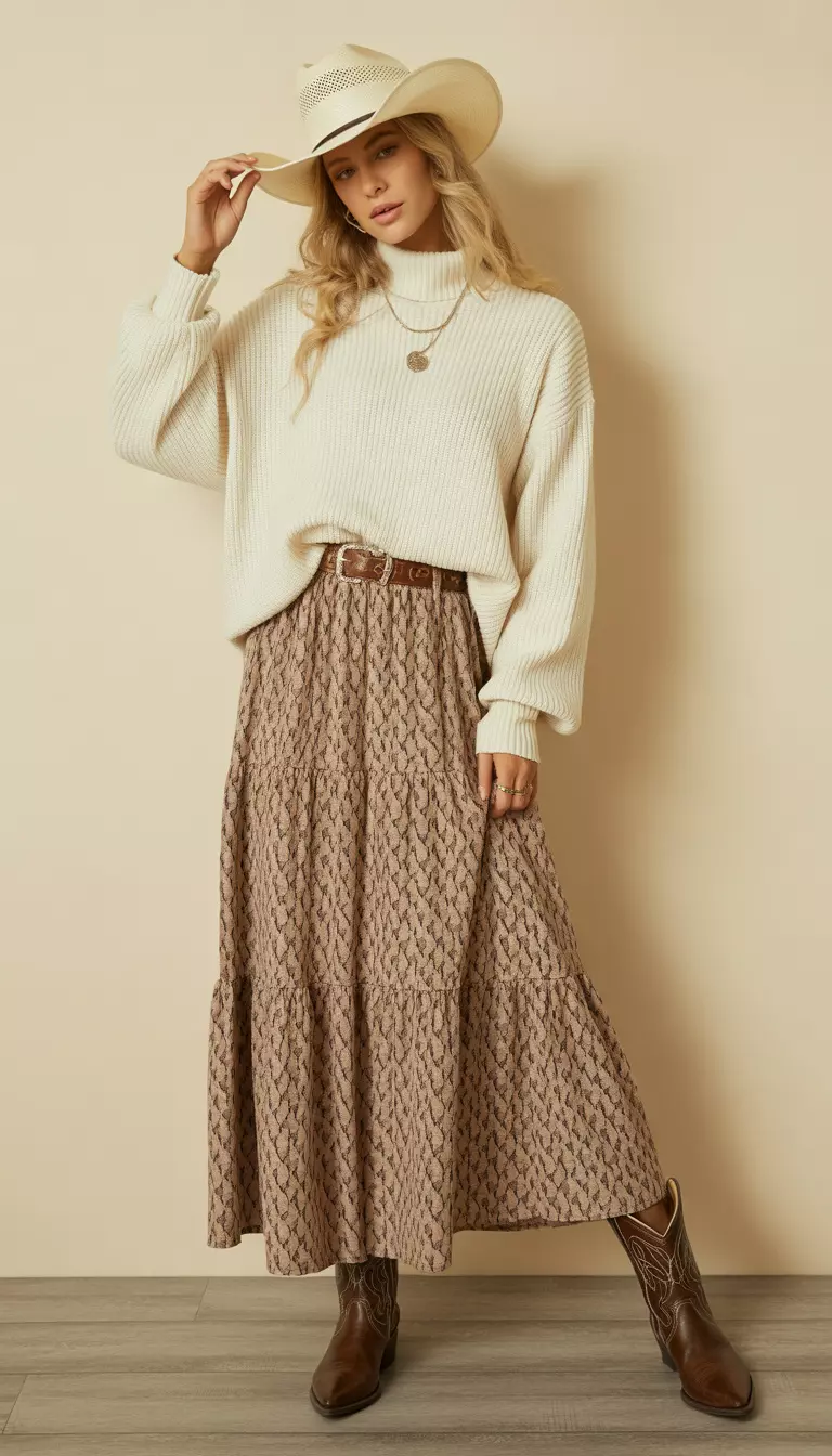 A beautiful woman in a light straw cowboy hat, a cozy cream-colored mock-neck sweater, a brown belt, a brown and beige patterned tiered maxi skirt, and brown cowboy boots.
