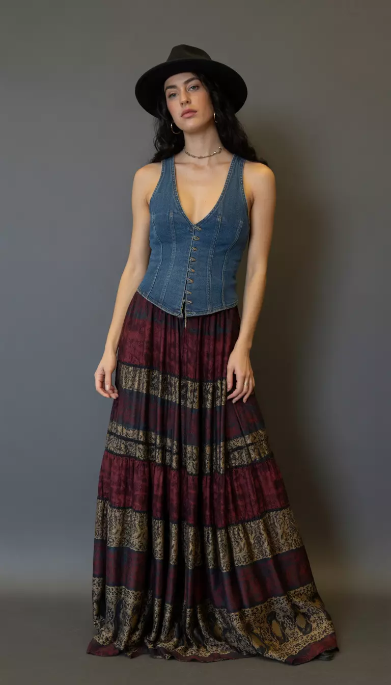 A beautiful woman in a dark wide-brim hat, a deep V-neck denim corset vest, and a long dark red and gold patterned bohemian maxi skirt.
