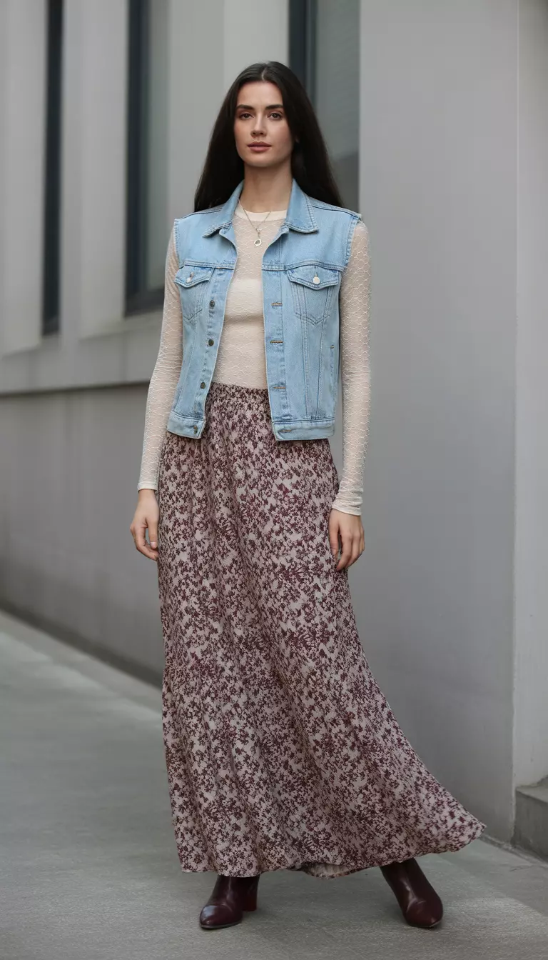 A beautiful woman in a sheer light beige lace long-sleeve top under a light blue fitted denim vest, and a long flowing maroon and beige floral print maxi skirt.