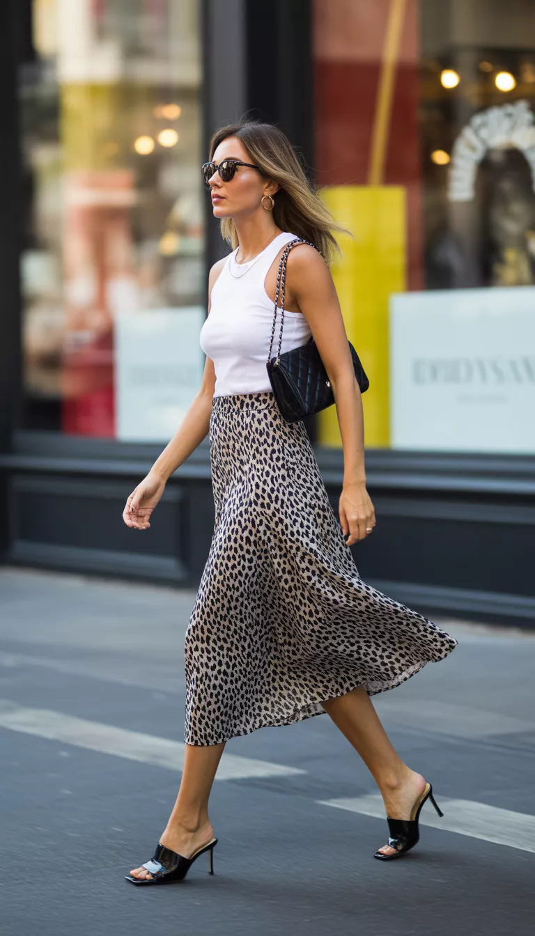 A beautiful woman in a white tank top and black and white leopard print midi skirt, wearing black heeled mules and carrying a black quilted shoulder bag in the city.