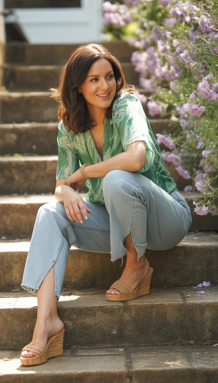 A beautiful woman in distressed light-wash jeans with split hems and a green leaf-print blouse, wearing cork wedge mules, sitting outdoors on concrete steps.